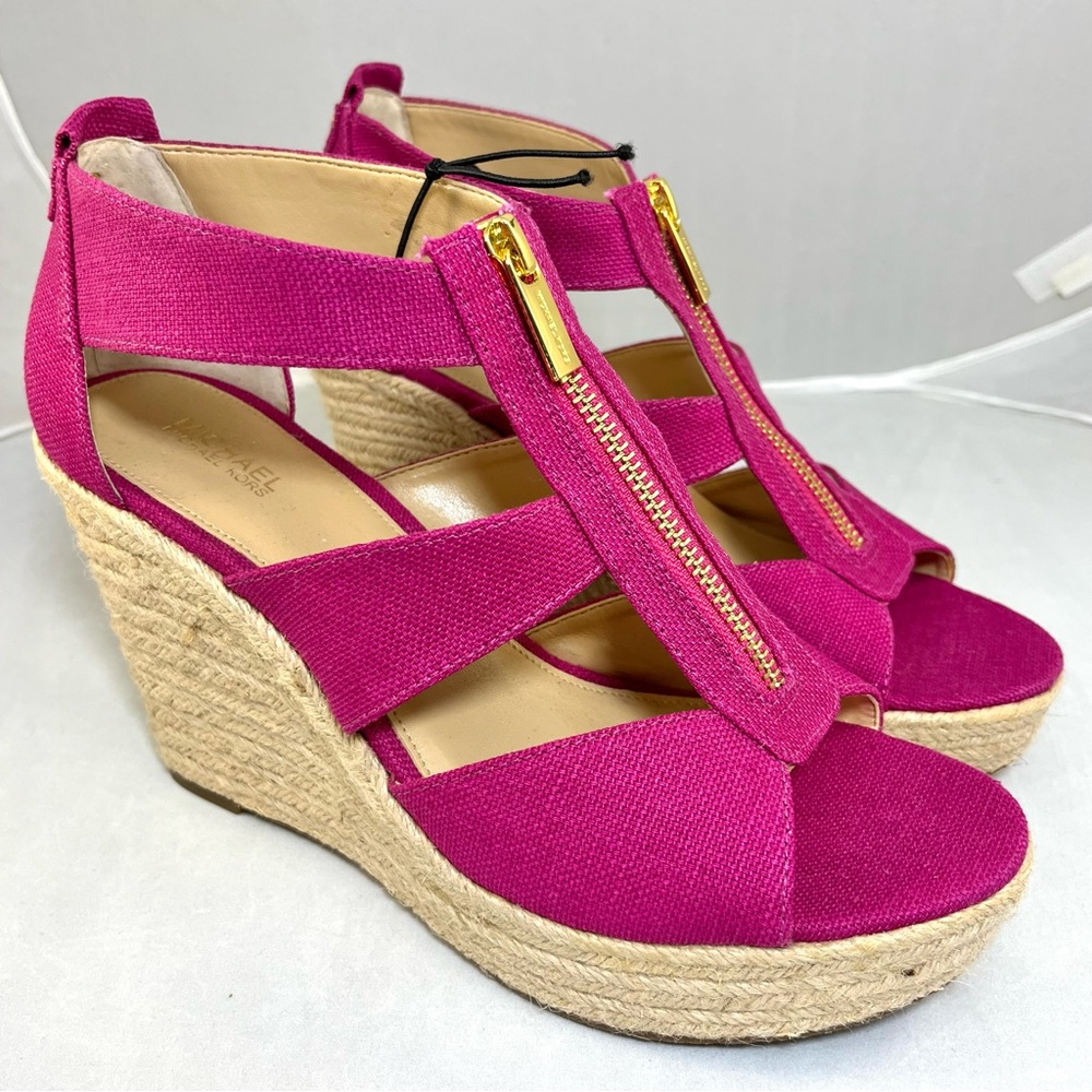 NWOT Michael Kors Pink Espadrille Wedge Sandals Gold Zip Platform Size 9